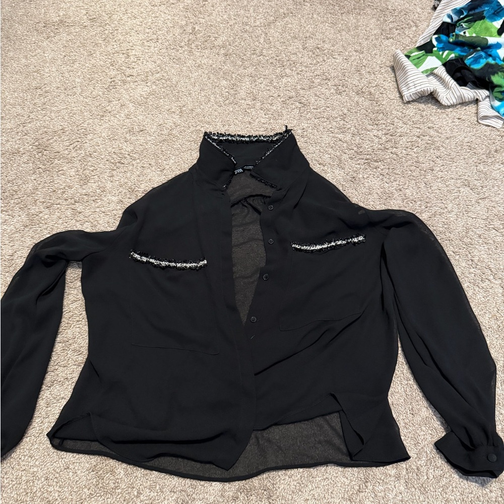 Black Long-Sleeve Button Front Top with Trim Detail